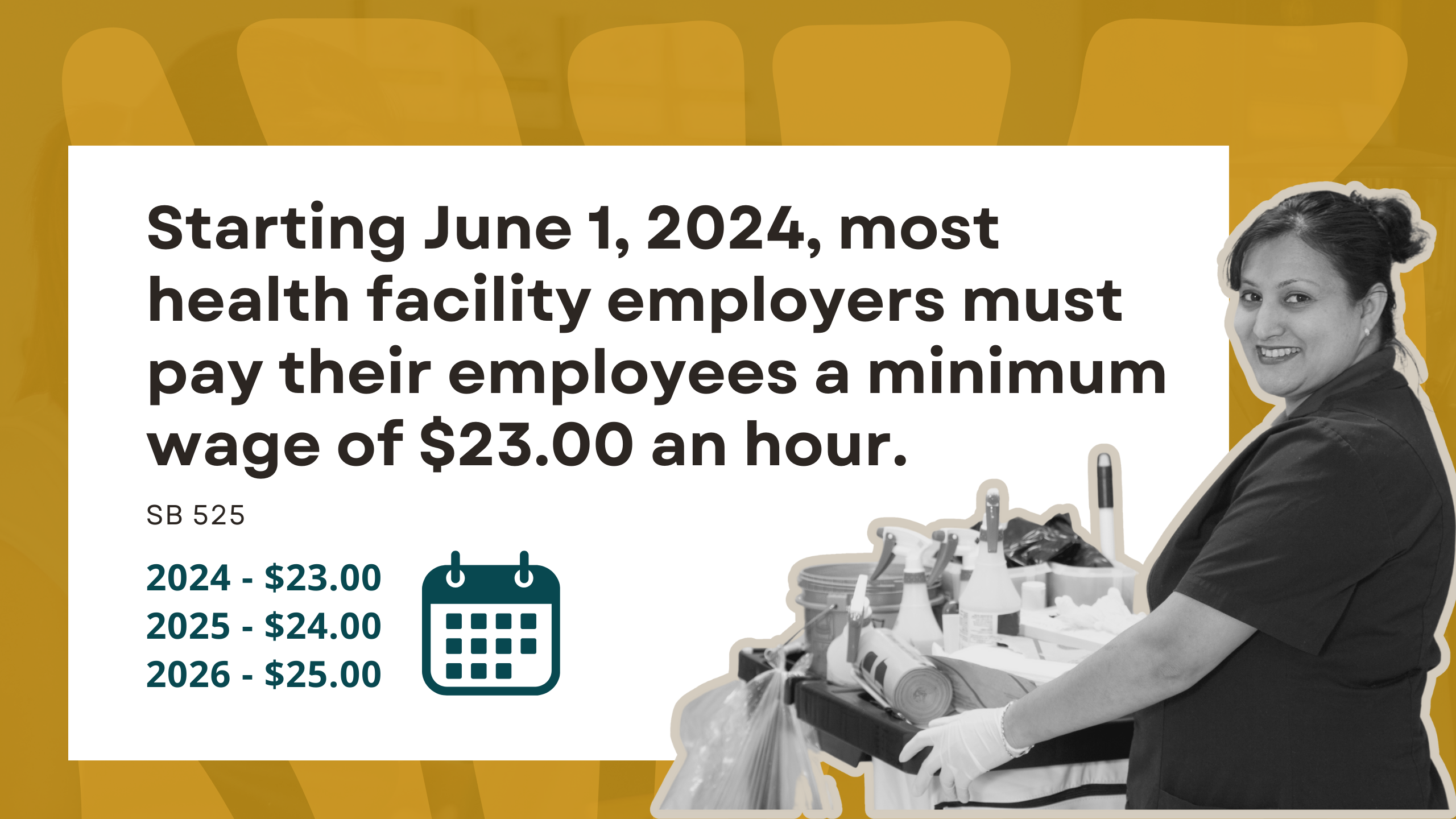 SB 525: $24.00/hour for Healthcare Facility Employees + $1 yearly increase